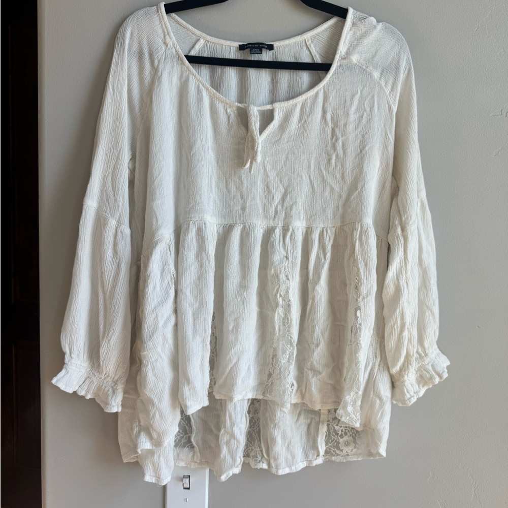 American Eagle Boho Peasant Blouse Cottagecore Lace Tiered Top L Romantic - Picture 2 of 6